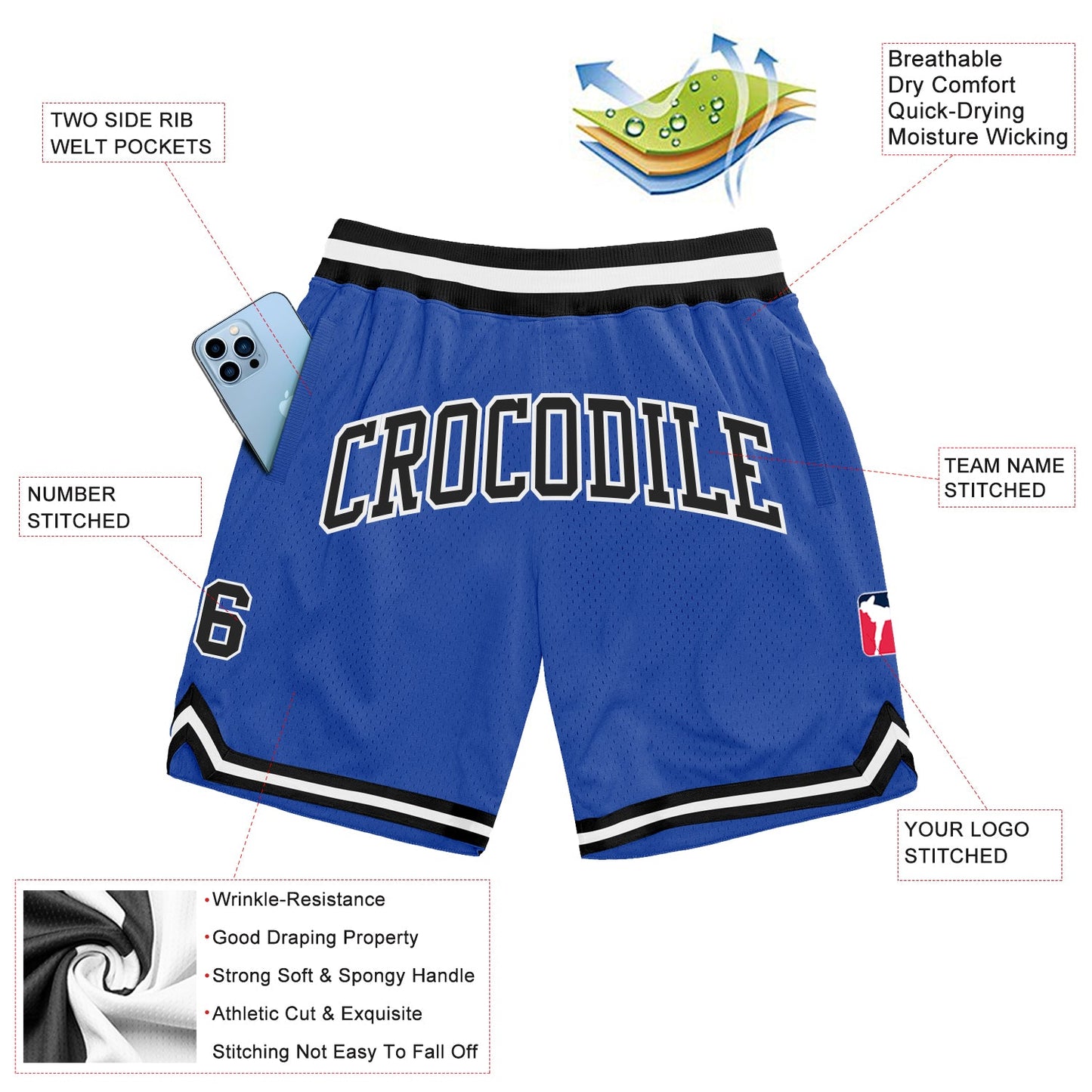 Custom Blue Black-White Authentic Throwback Basketball Shorts