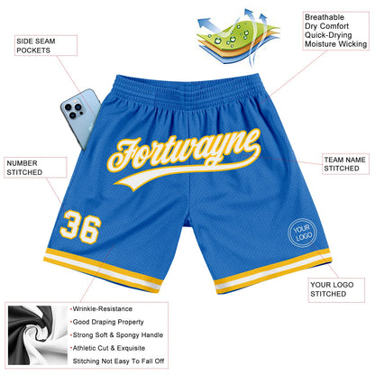 Custom Blue White-Gold Authentic Throwback Basketball Shorts