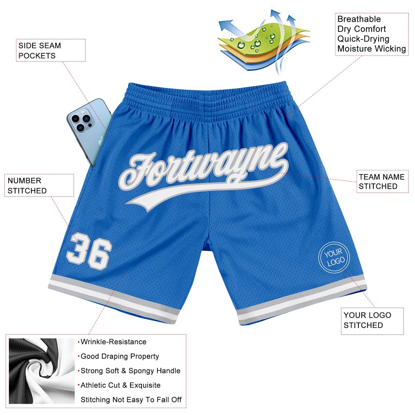 Custom Blue White-Gray Authentic Throwback Basketball Shorts