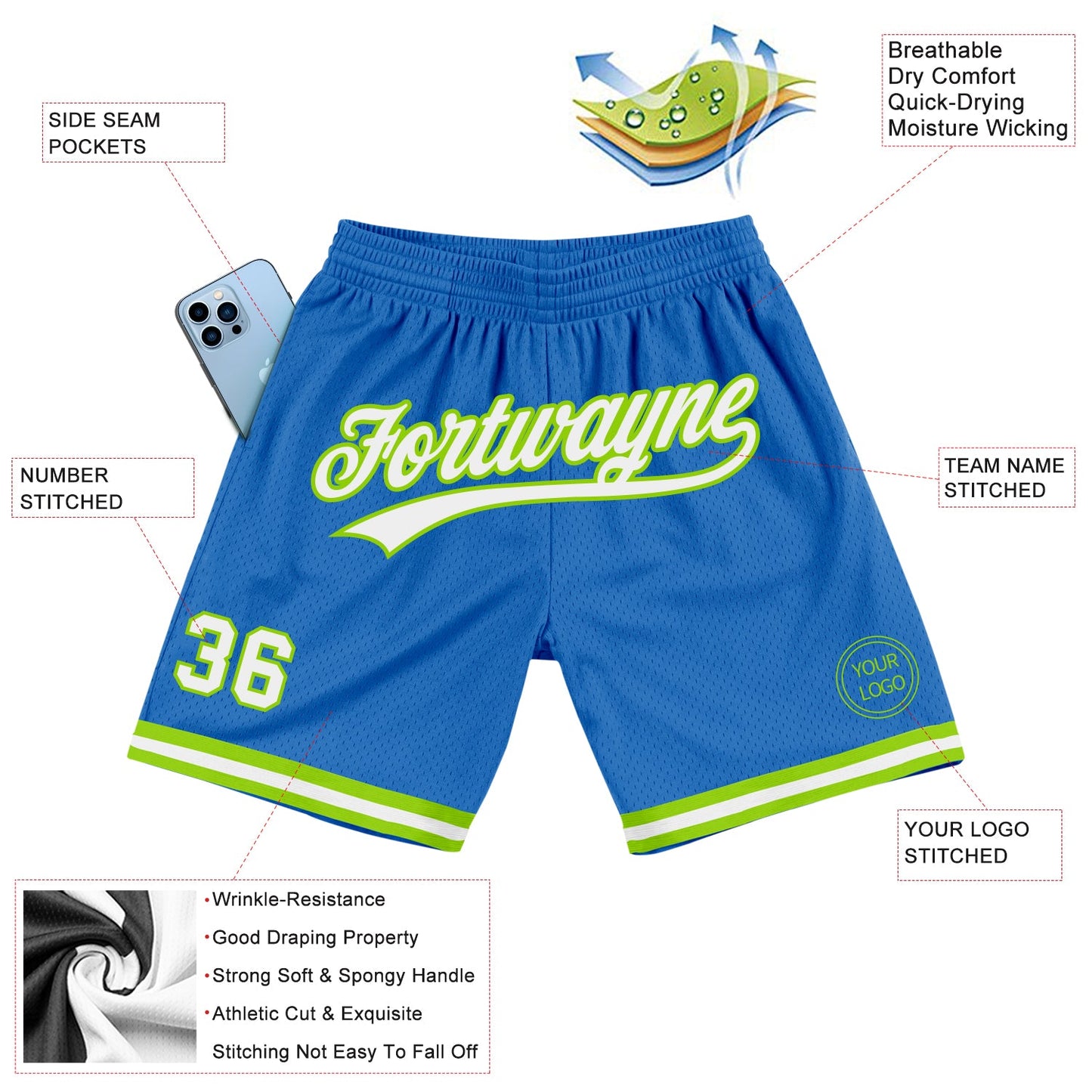 Custom Blue White-Neon Green Authentic Throwback Basketball Shorts