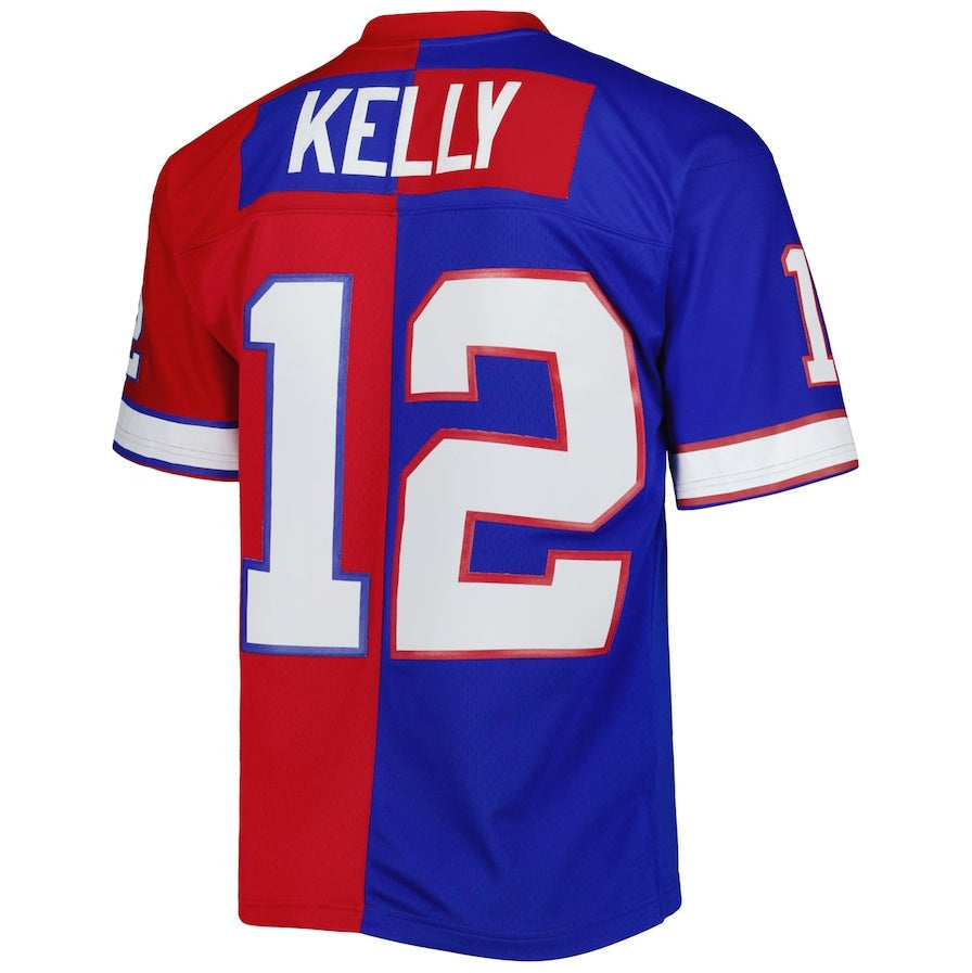 B.Bills #12 Jim Kelly Mitchell & Ness 1990 Split Legacy Replica Jersey - Royal-Red American Stitched Football Jerseys