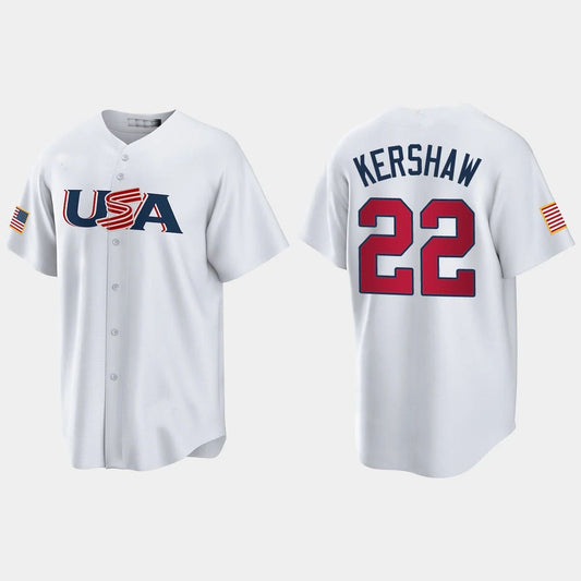 #22 CLAYTON KERSHAW LOS ANGELES DODGERS 2023 WORLD BASEBALL CLASSIC USA REPLICA JERSEY ¨C WHITE Stitches Baseball Jerseys