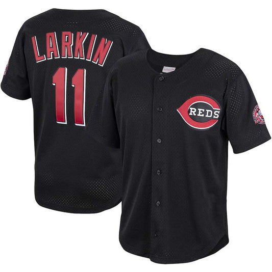 Cincinnati Reds #11 Barry Larkin Mitchell & Ness Cooperstown Collection Mesh Batting Practice Button-Up Jersey - Black Baseball Jerseys