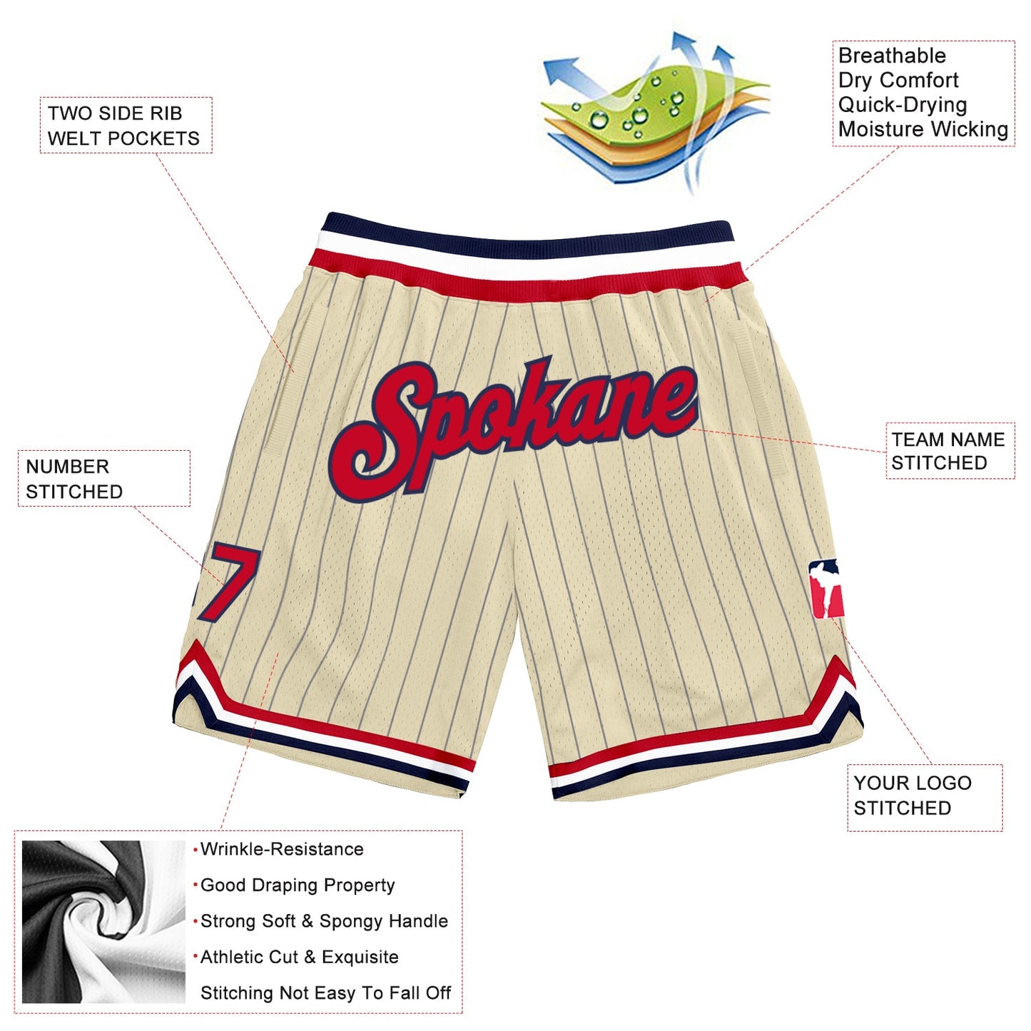 Custom Cream Navy Pinstripe Red-Navy Authentic Basketball Shorts