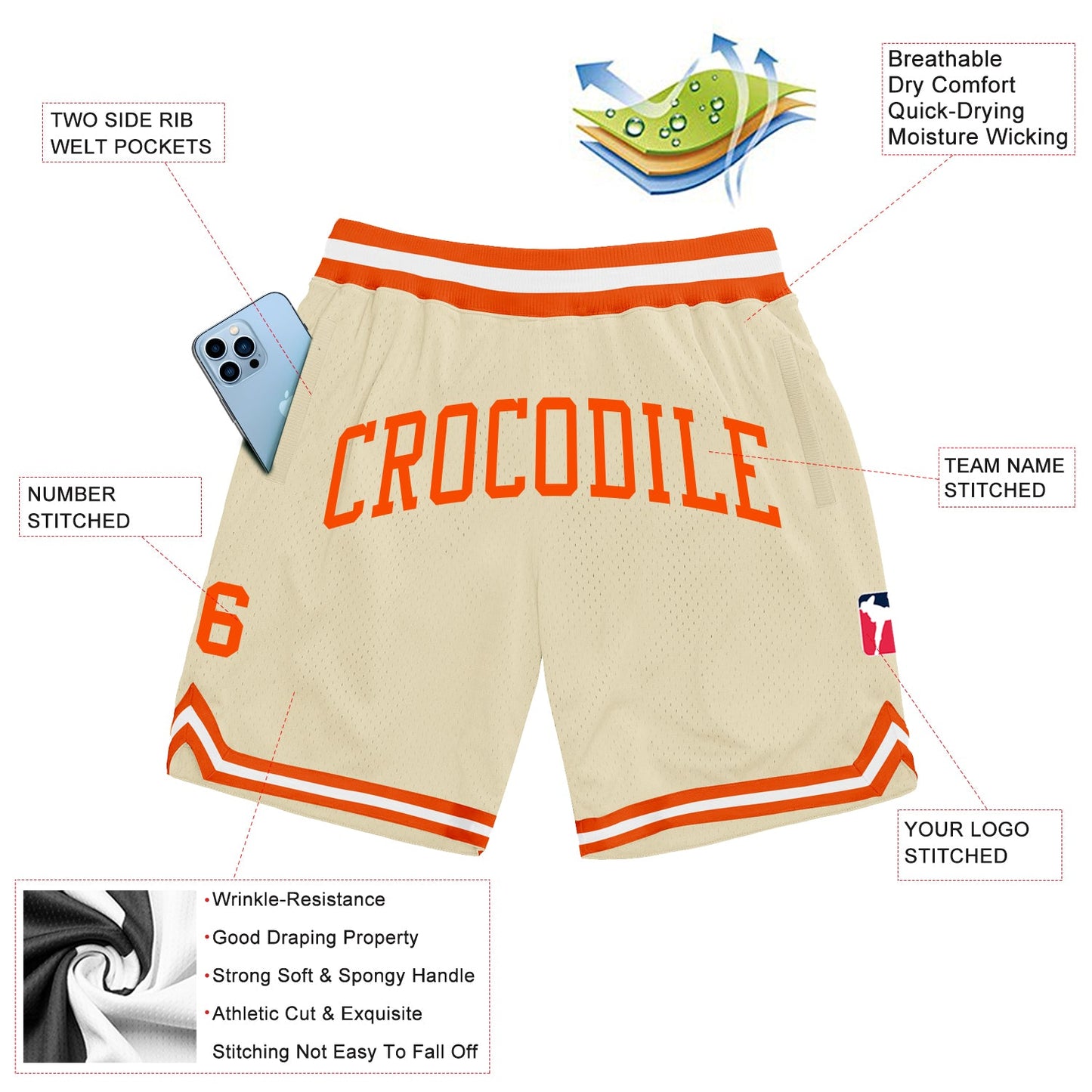 Custom Cream Orange-White Authentic Throwback Basketball Shorts