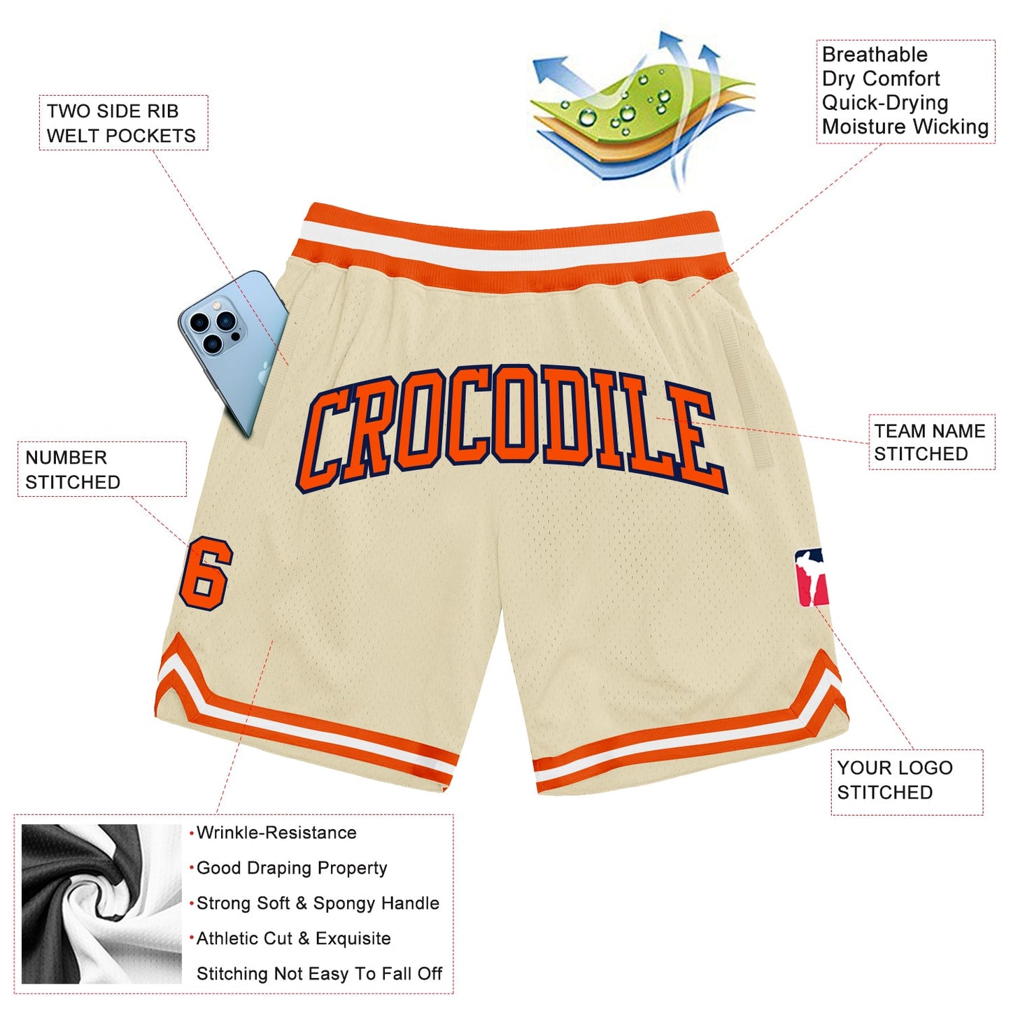 Custom Cream Orange-Navy Authentic Throwback Basketball Shorts