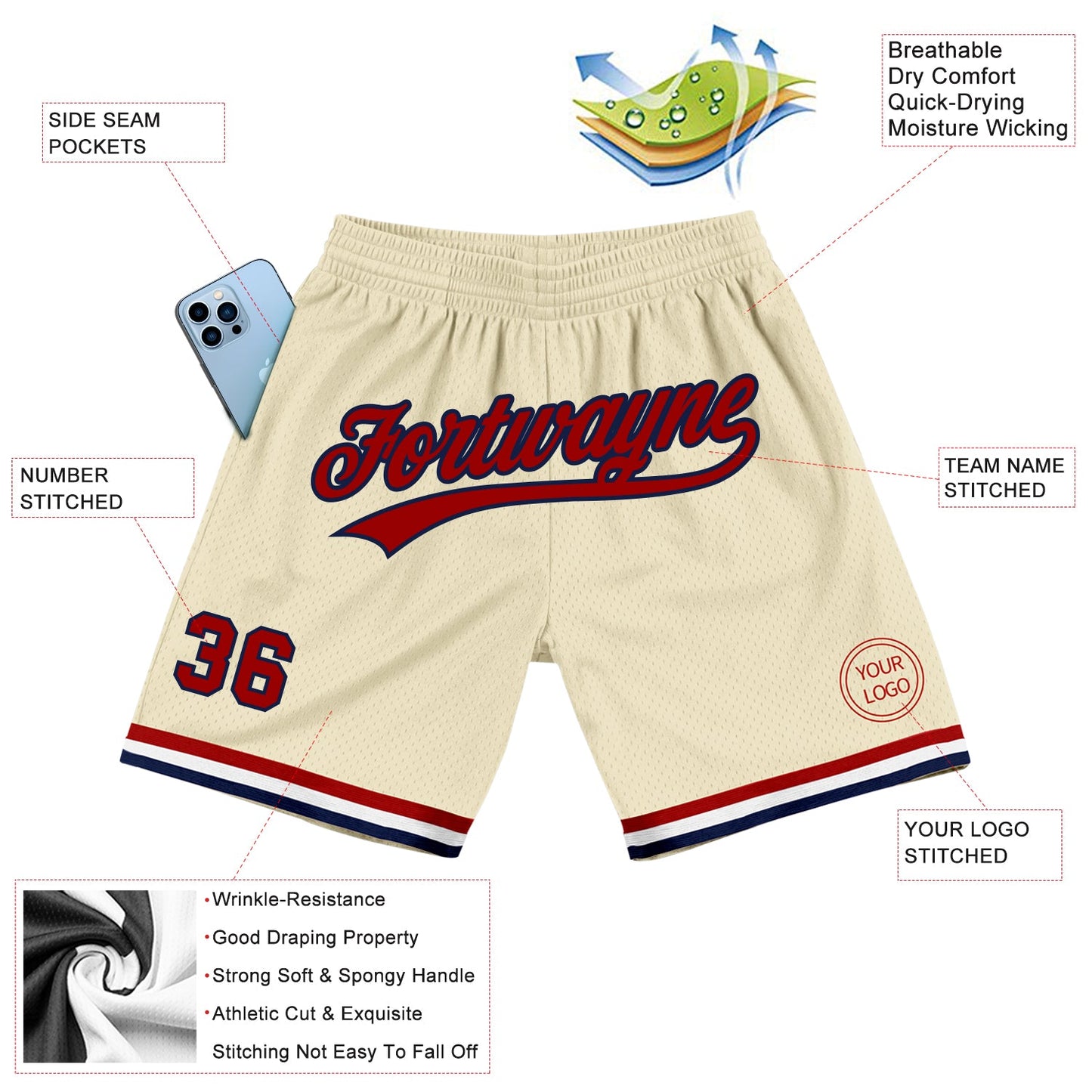 Custom Cream Red-Navy Authentic Throwback Basketball Shorts