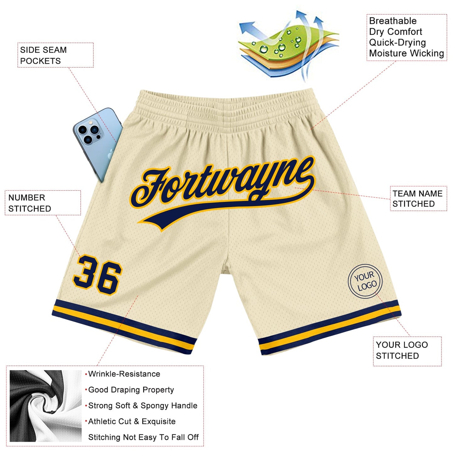 Custom Cream Navy-Gold Authentic Throwback Basketball Shorts