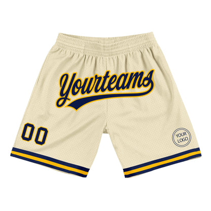 Custom Cream Navy-Gold Authentic Throwback Basketball Shorts