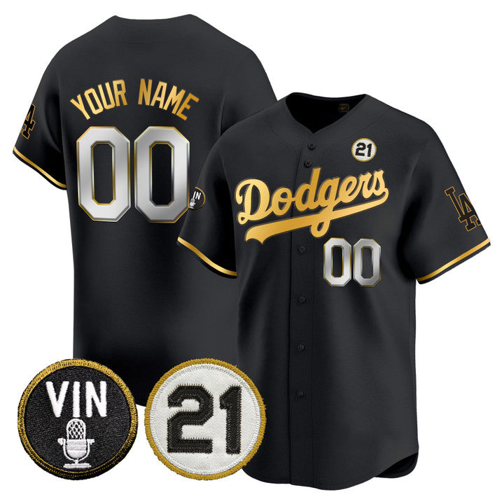 Custom Los Angeles Dodgers Black Vin & Roberto Patch Gold Trim Vapor Premier Limited Stitched Baseball Jersey