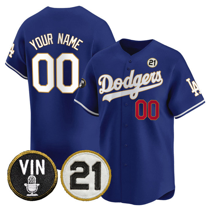 Custom Los Angeles Dodgers Royal Vin & Roberto Patch Gold Trim Vapor Premier Limited Stitched Baseball Jersey