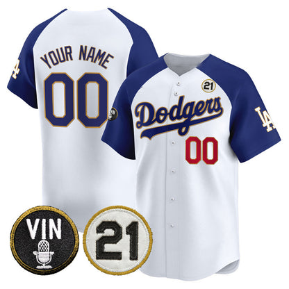 Custom Los Angeles Dodgers White Royal Vin & Roberto Patch Gold Trim Vapor Premier Limited Stitched Baseball Jersey