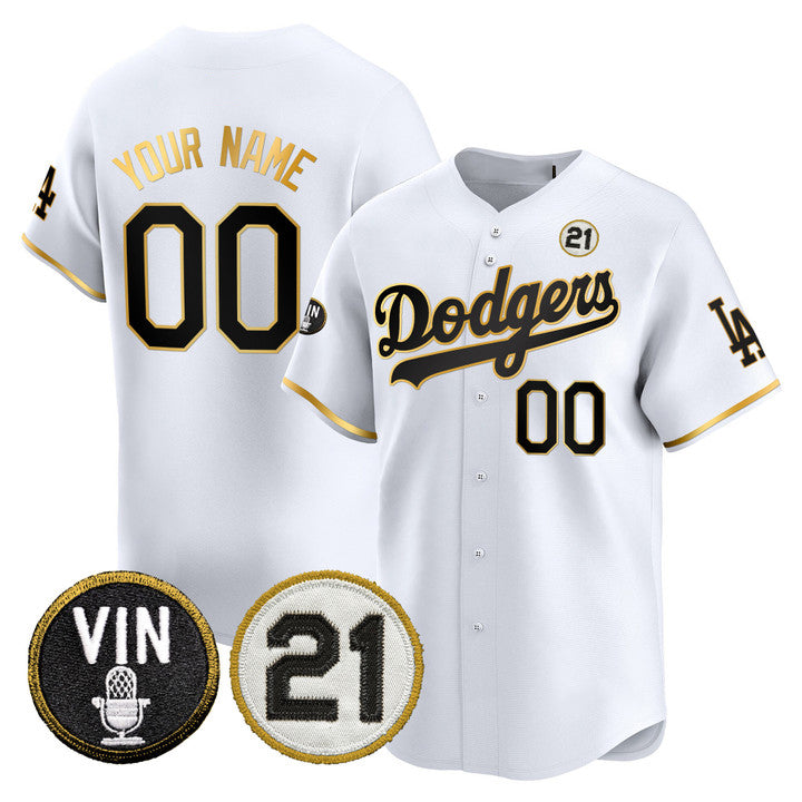 Custom Los Angeles Dodgers Vin & Roberto Patch White Gold Trim Vapor Premier Limited Stitched Baseball Jersey