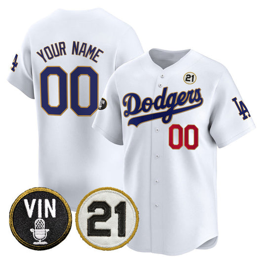 Custom Los Angeles Dodgers White Vin & Roberto Patch Gold Trim Vapor Premier Limited Stitched Baseball Jersey