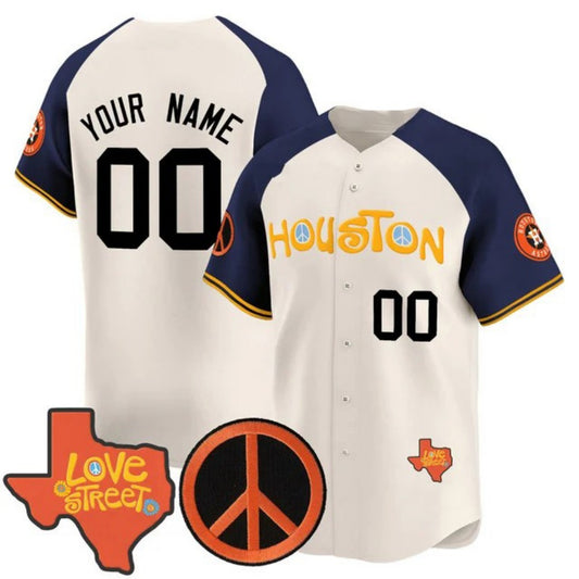 Custom Houston Astros Love Street And Peace Sign Patch Vapor Premier Limited V2 – Cream Navy All Stitched Baseball Jersey