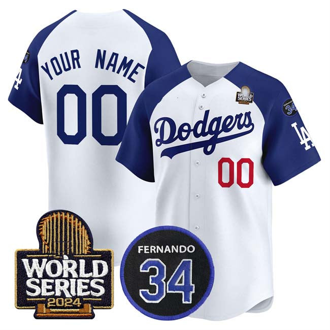 Custom Los Angeles Dodgers ACTIVE PLAYER White Royal 2024 World Series With Fernando Memorial Patch Limited Stitched Baseball Jersey