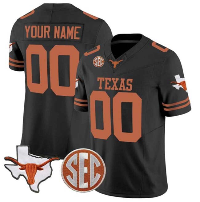 Custom T.Longhorns Active Player Black F.U.S.E. State Map & SEC Patch Stitched Football American College Jerseys