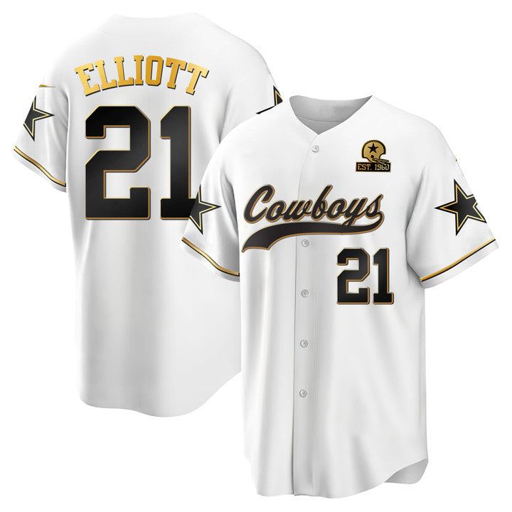 D.Cowboys #21 Ezekiel Elliott White Gold Baseball All Stitched Jerseys