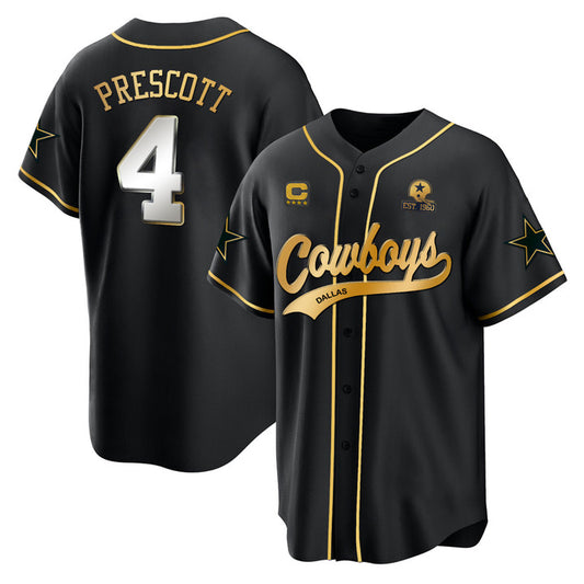 D.Cowboys #4 Dak Prescott Black Gold Baseball Stitched Jersey