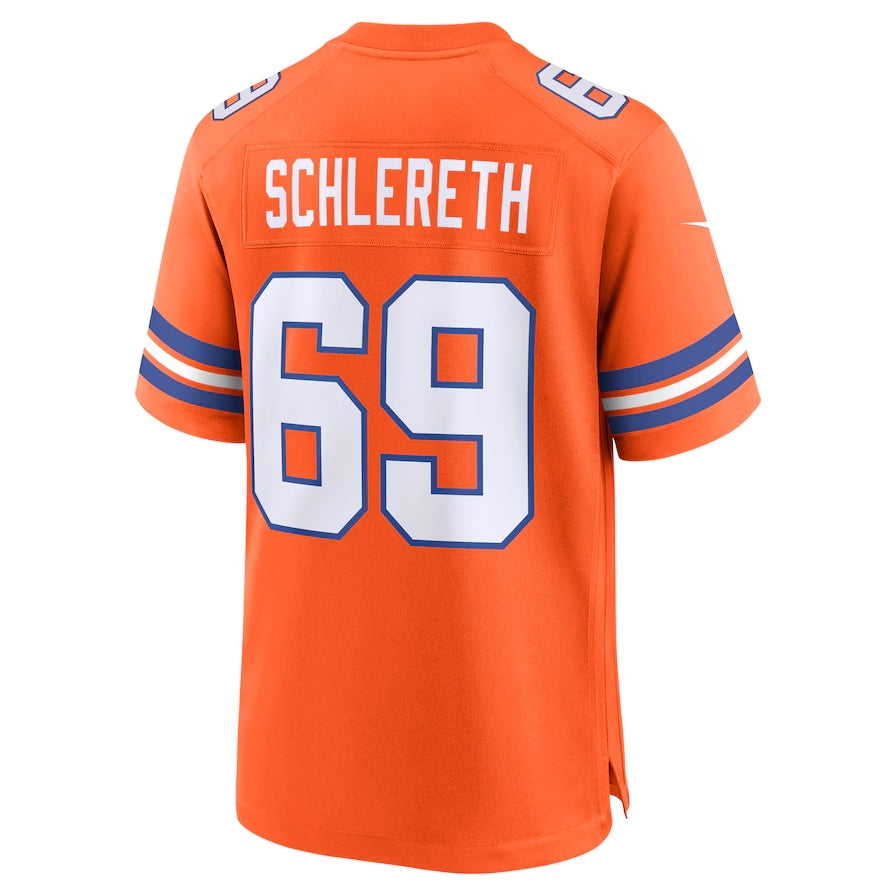 D.Broncos #69 Mark Schlereth Orange Mile High Collection 1977 Throwback Retired Player Game Football Jerseys