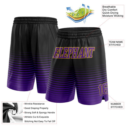 Custom Black Purple-Old Gold Pinstripe Fade Fashion Authentic Basketball Shorts