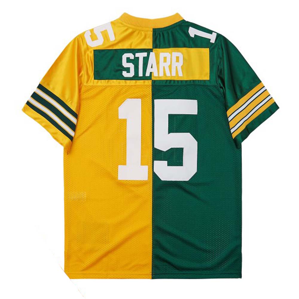 GB.Packers #15 Bart Starr Mitchell & Ness Half Green Gold Split Legacy Replica American Football Jerseys