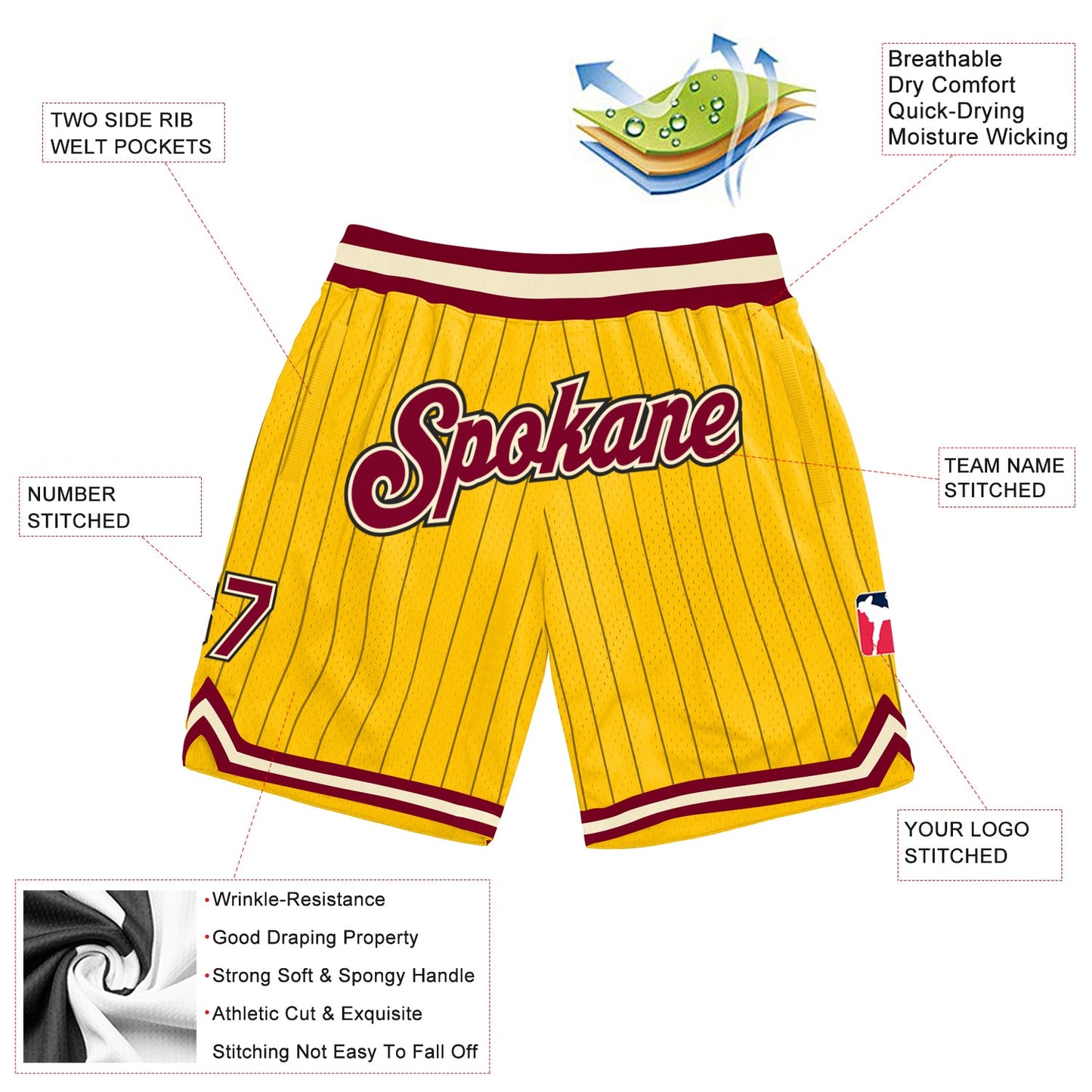 Custom Gold Black Pinstripe Maroon-Cream Authentic Basketball Shorts