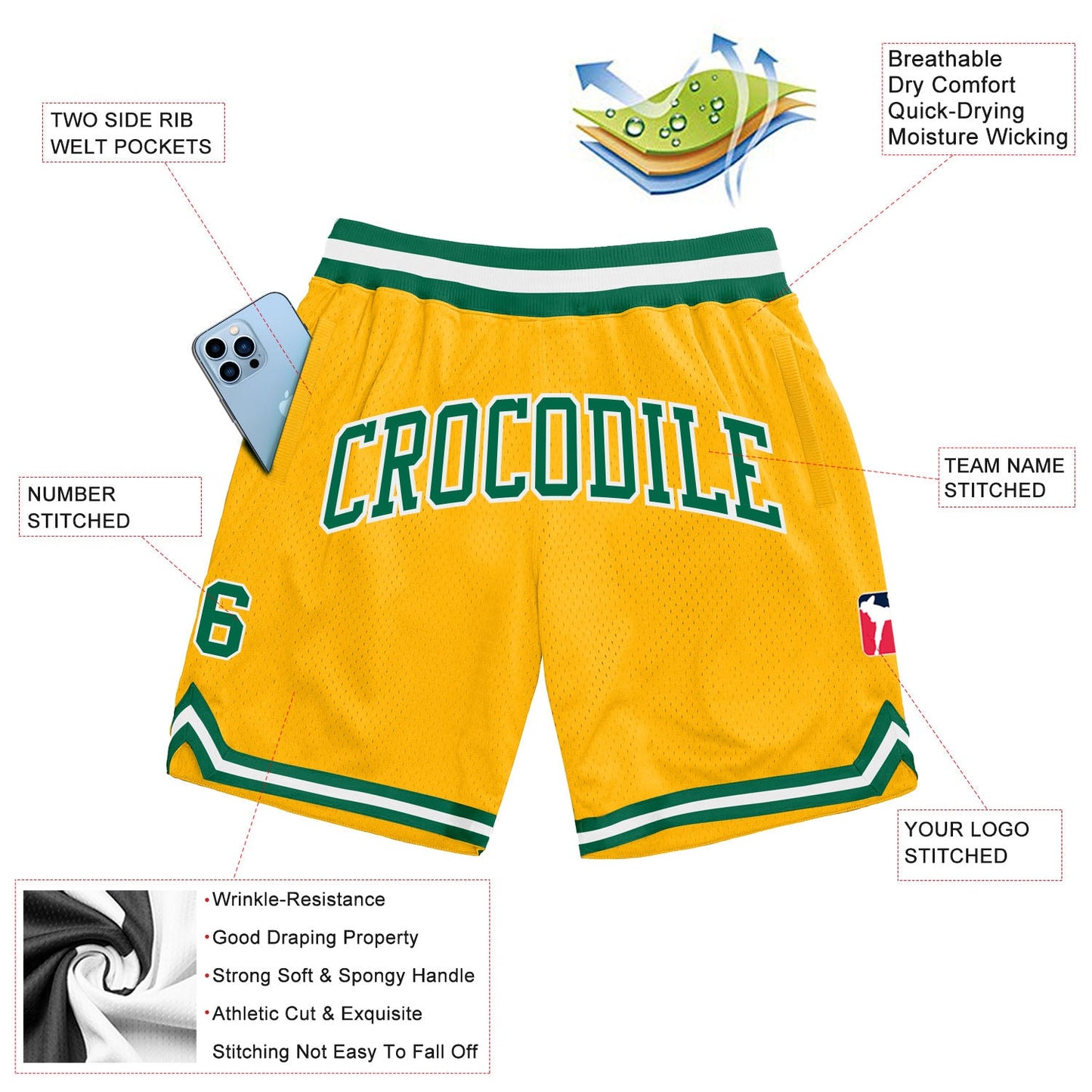 Custom Gold Kelly Green-White Authentic Throwback Basketball Shorts