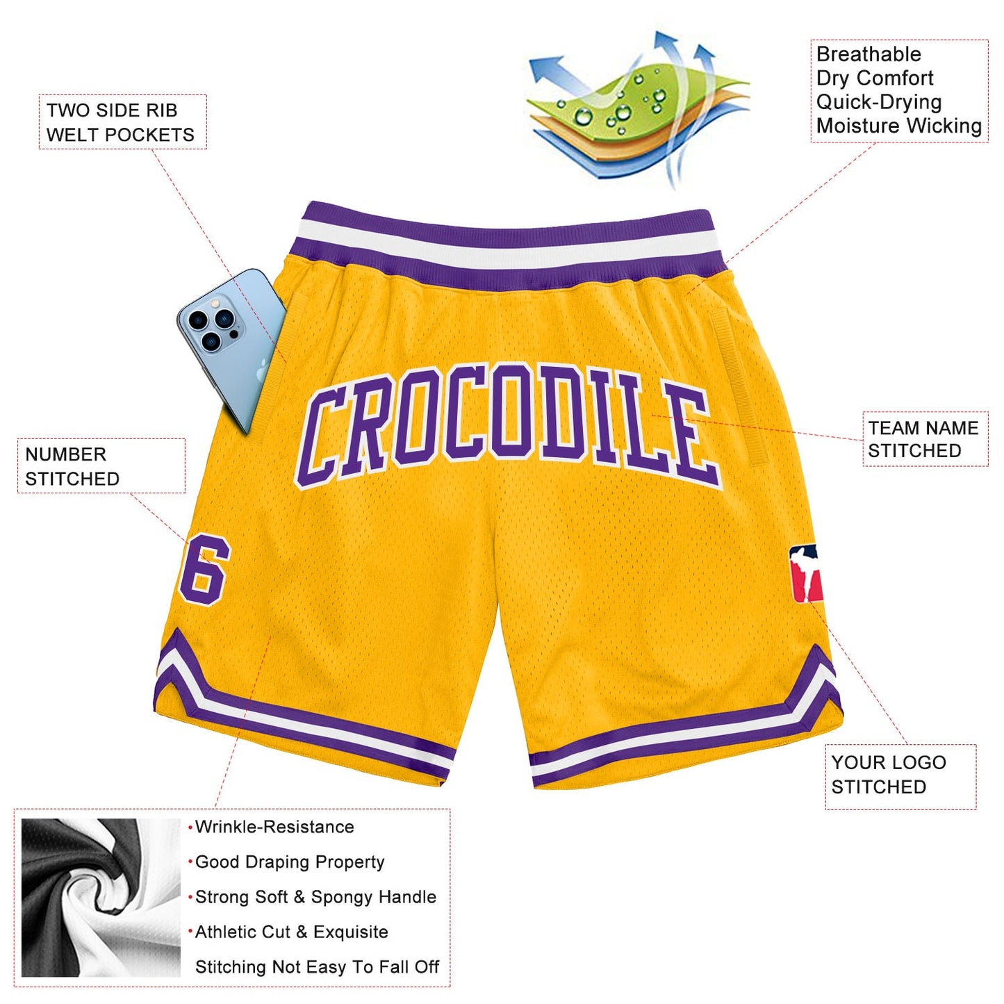 Custom Gold Purple-White Authentic Throwback Basketball Shorts