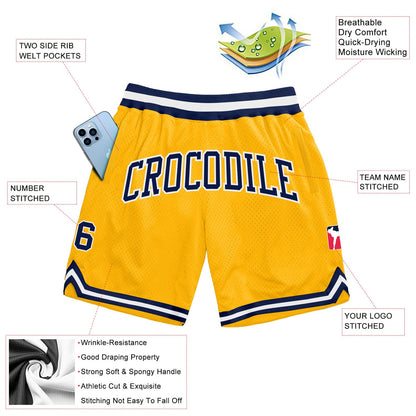 Custom Gold Navy-White Authentic Throwback Basketball Shorts