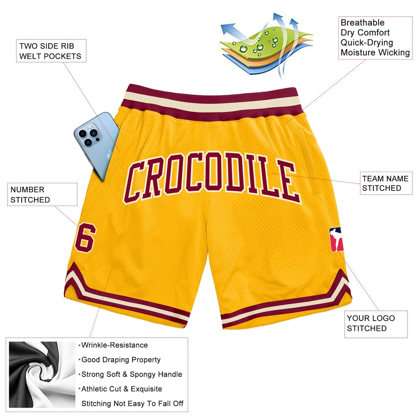 Custom Gold Maroon-Cream Authentic Throwback Basketball Shorts