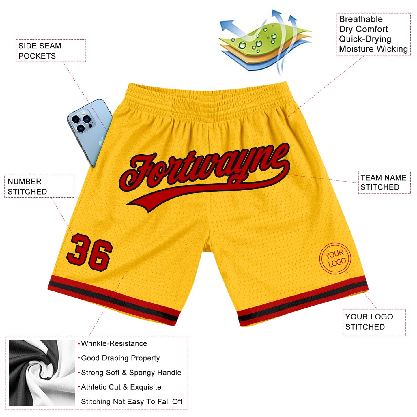 Custom Gold Red-Black Authentic Throwback Basketball Shorts