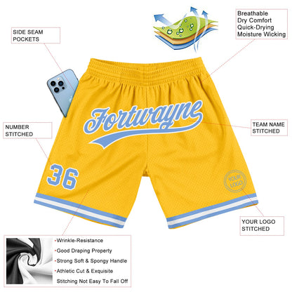 Custom Gold Light Blue-White Authentic Throwback Basketball Shorts