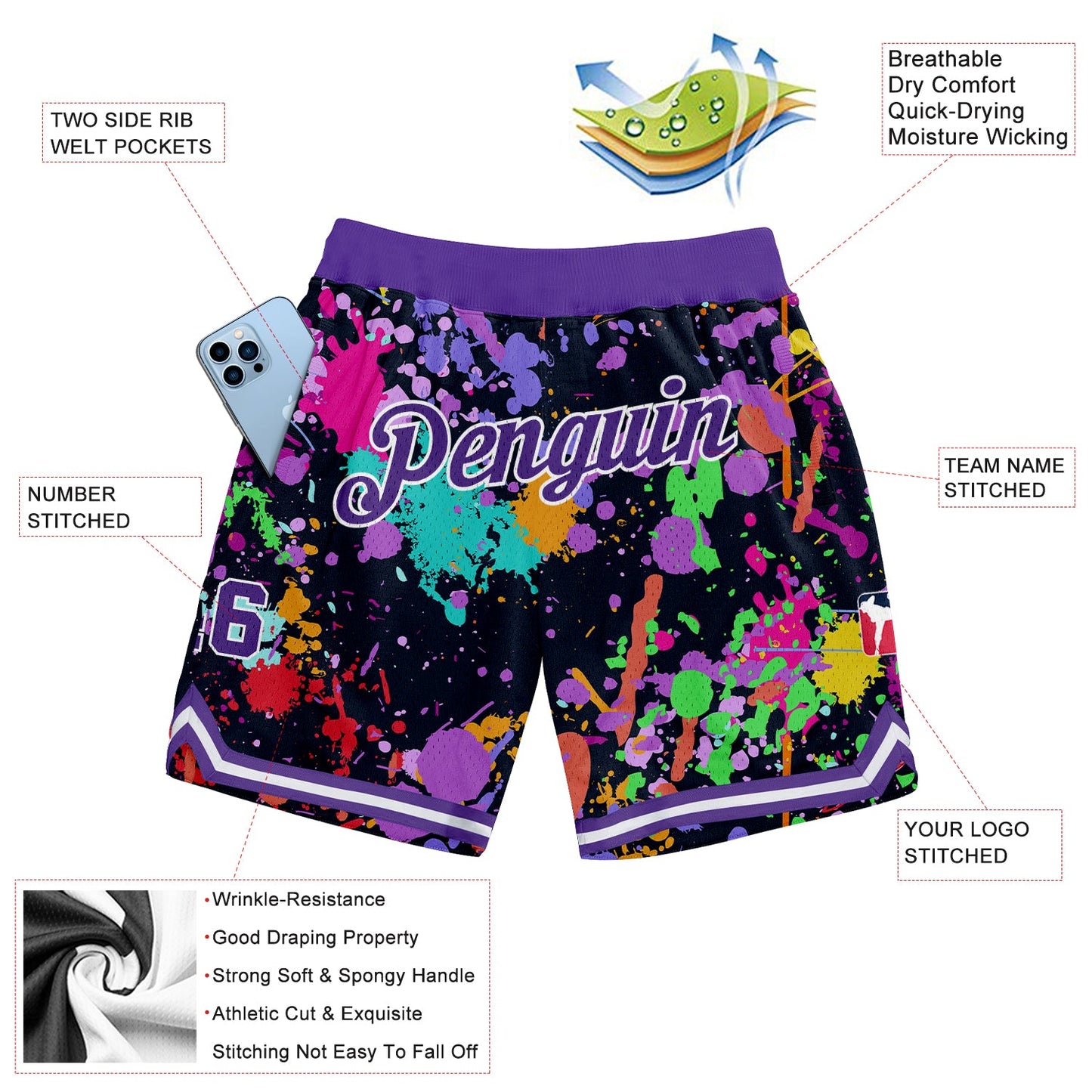 Custom Graffiti Pattern Purple-White 3D Splashes Authentic Basketball Shorts