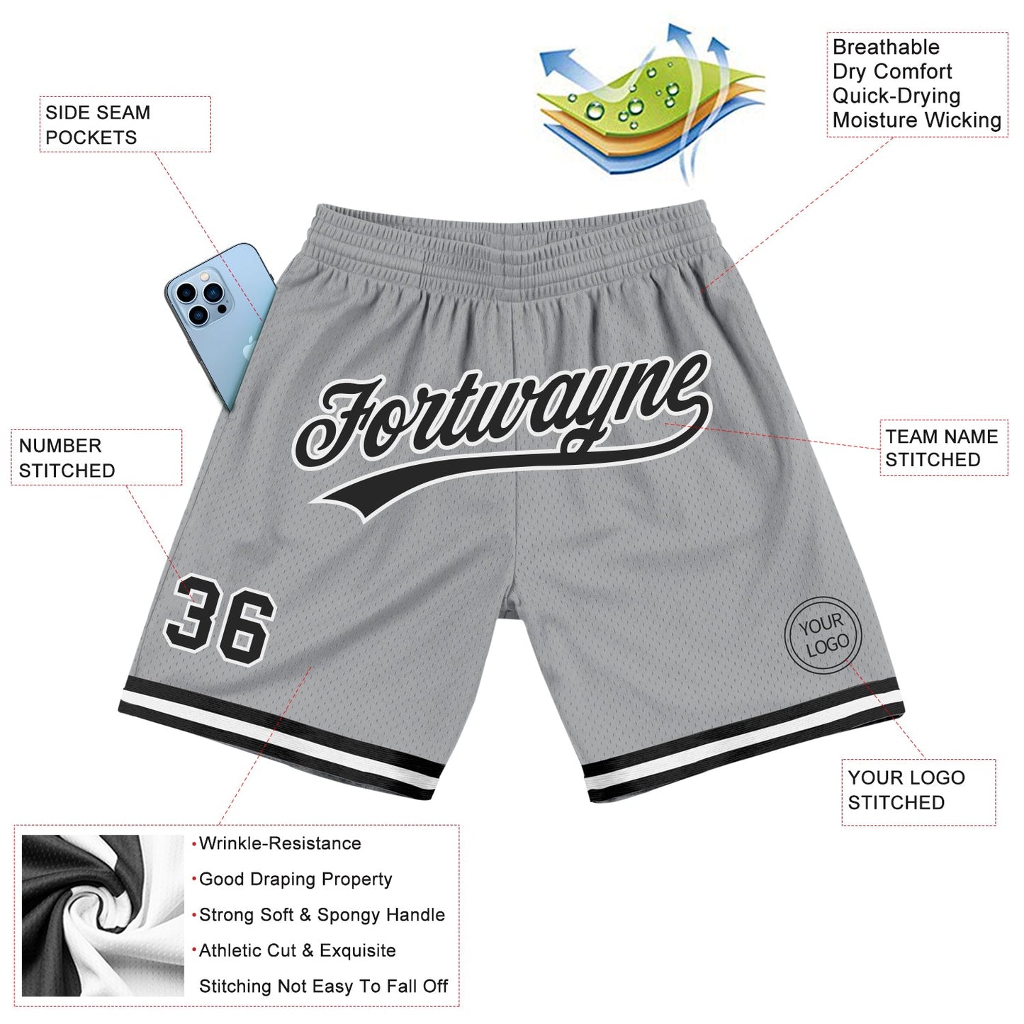 Custom Gray Black-White Authentic Throwback Basketball Shorts