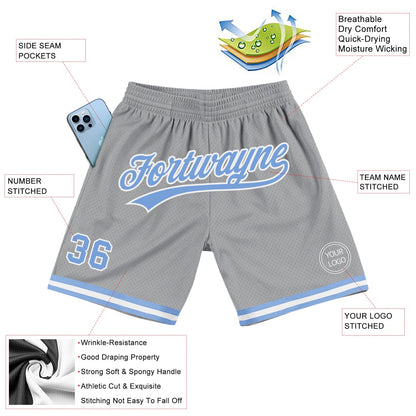 Custom Gray Light Blue-White Authentic Throwback Basketball Shorts