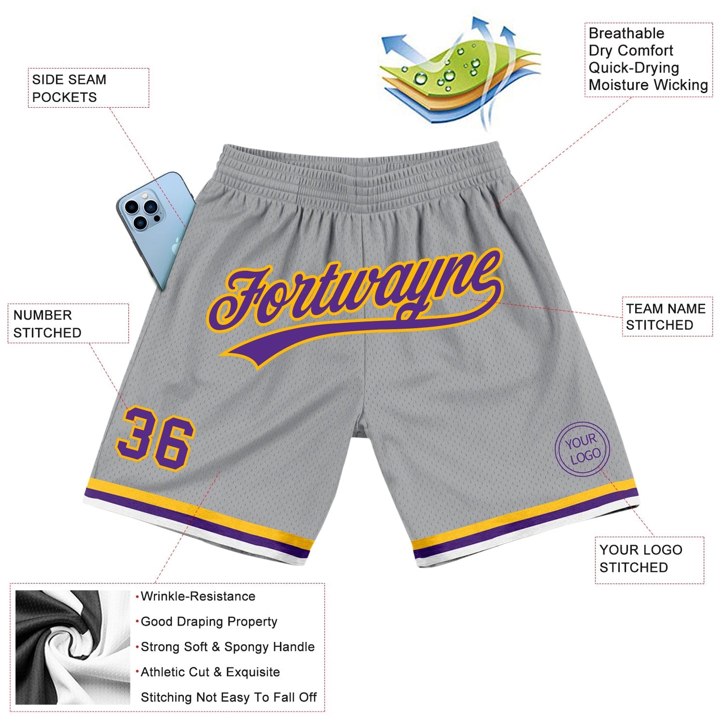 Custom Gray Purple-Gold Authentic Throwback Basketball Shorts