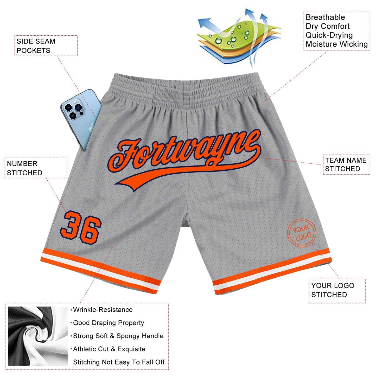 Custom Gray Orange-Navy Authentic Throwback Basketball Shorts