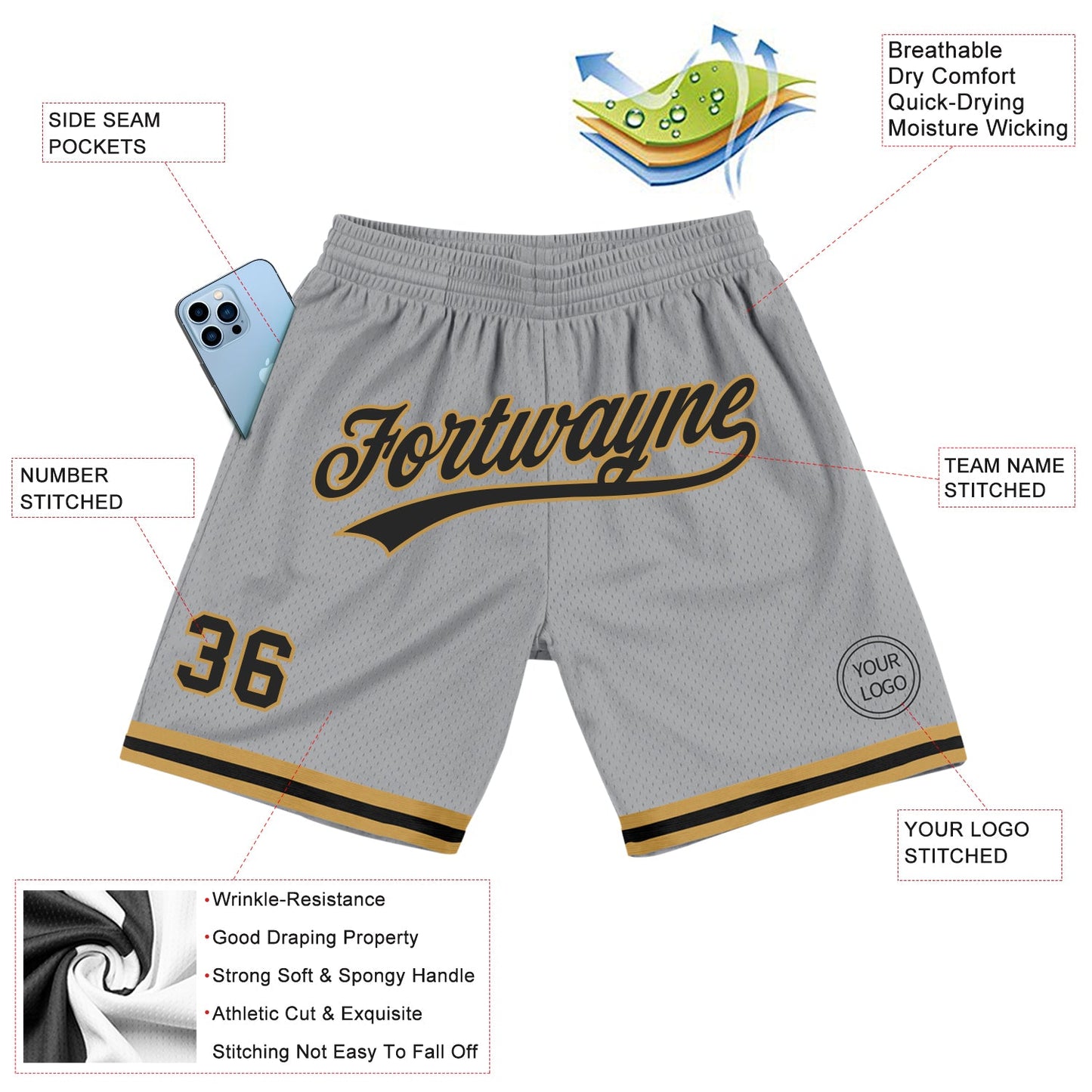 Custom Gray Black-Old Gold Authentic Throwback Basketball Shorts