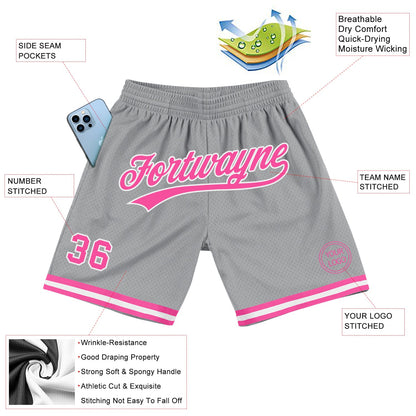 Custom Gray Pink-White Authentic Throwback Basketball Shorts