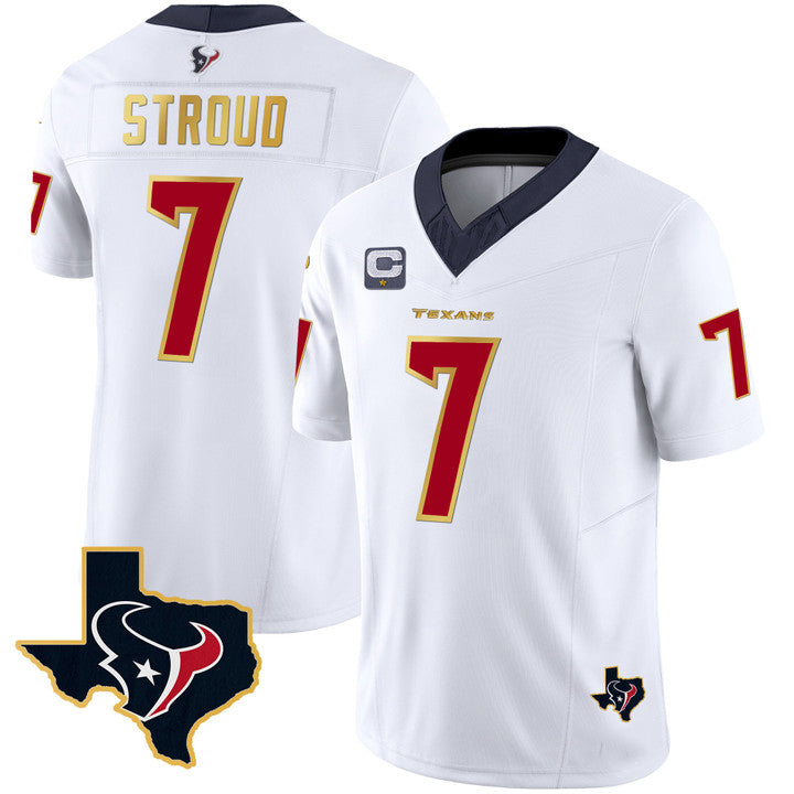 H.Texans #7 C.J. Stroud White Gold With C Patch Limited Stitched Jersey American Football Jerseys