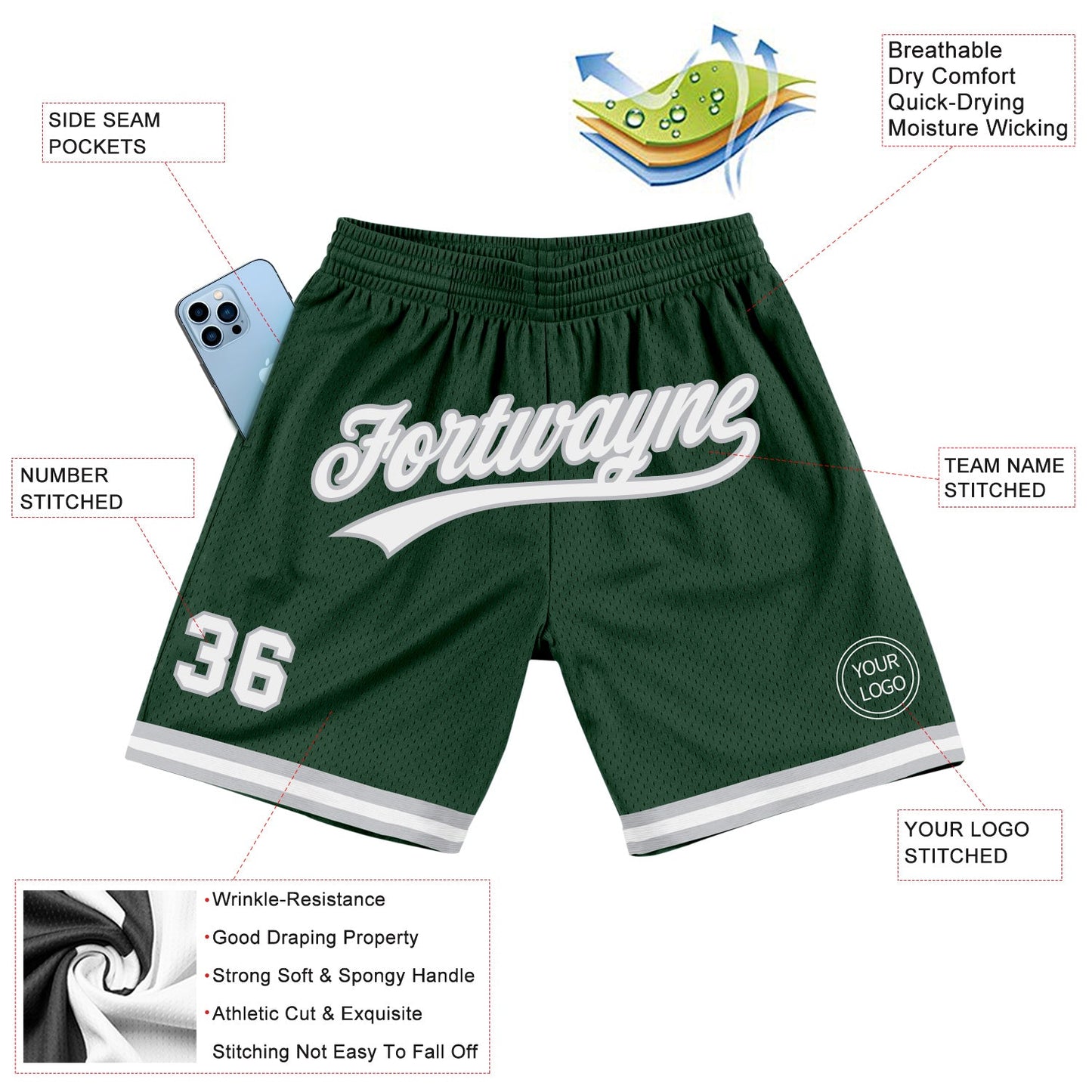 Custom Hunter Green White-Gray Authentic Throwback Basketball Shorts