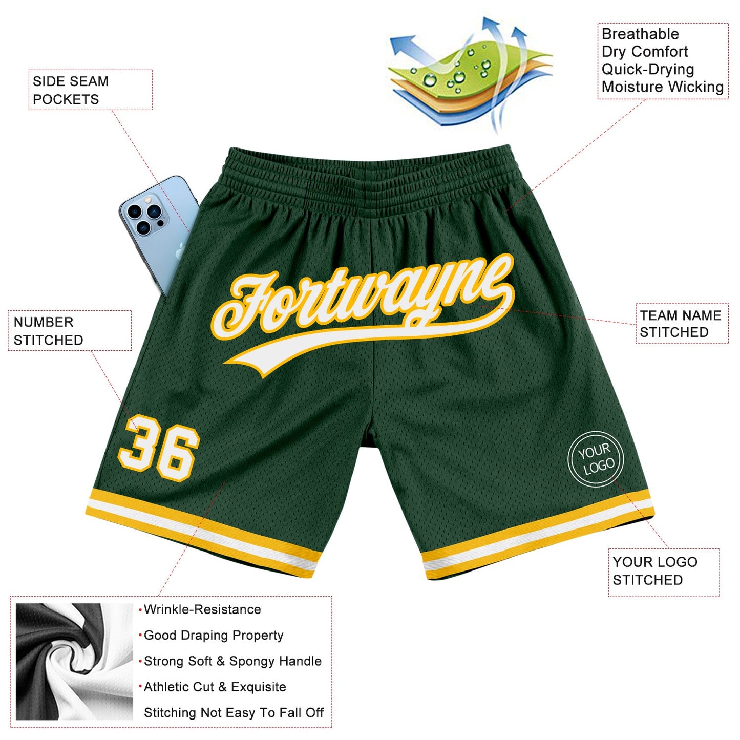 Custom Hunter Green White-Gold Authentic Throwback Basketball Shorts