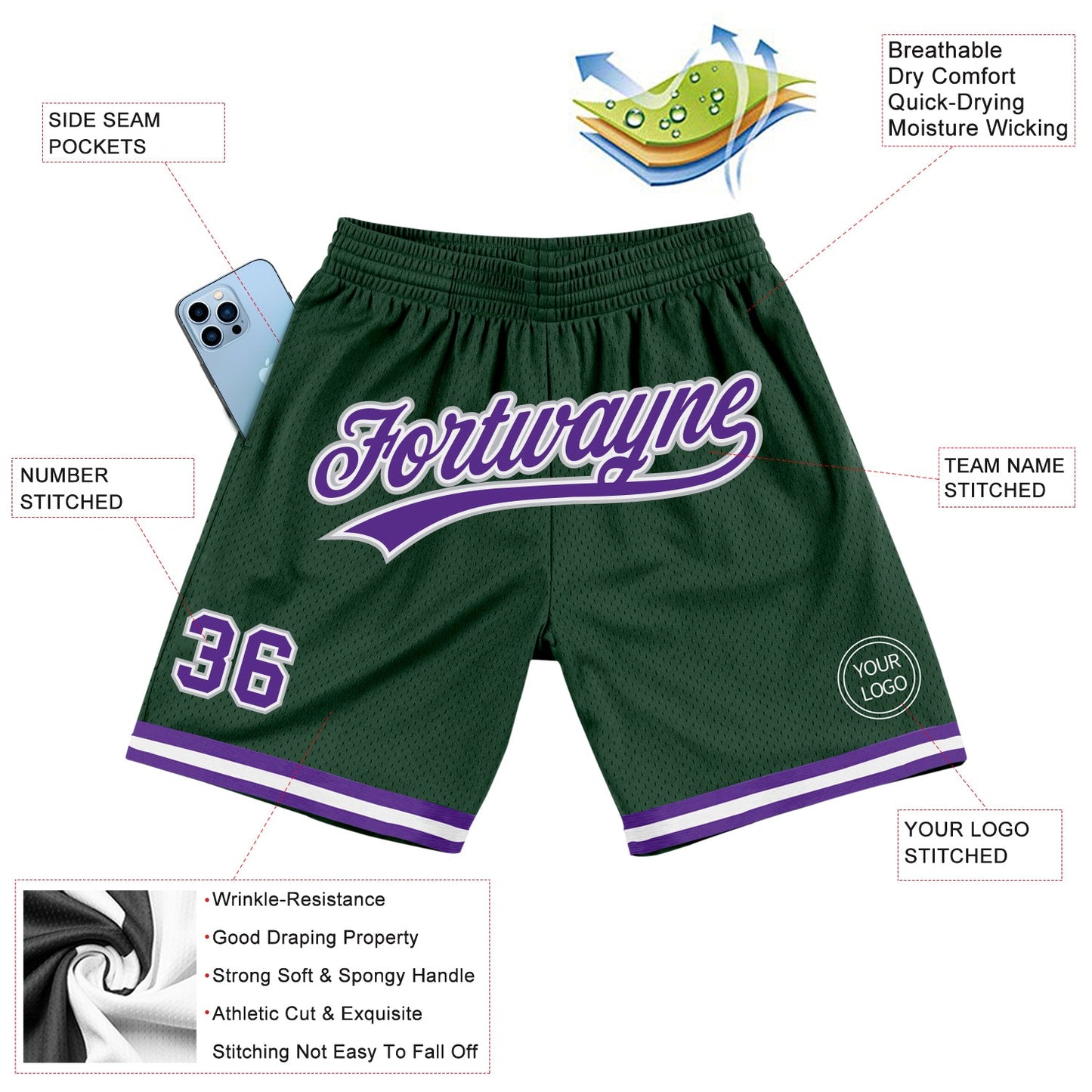 Custom Hunter Green Purple-Gray Authentic Throwback Basketball Shorts