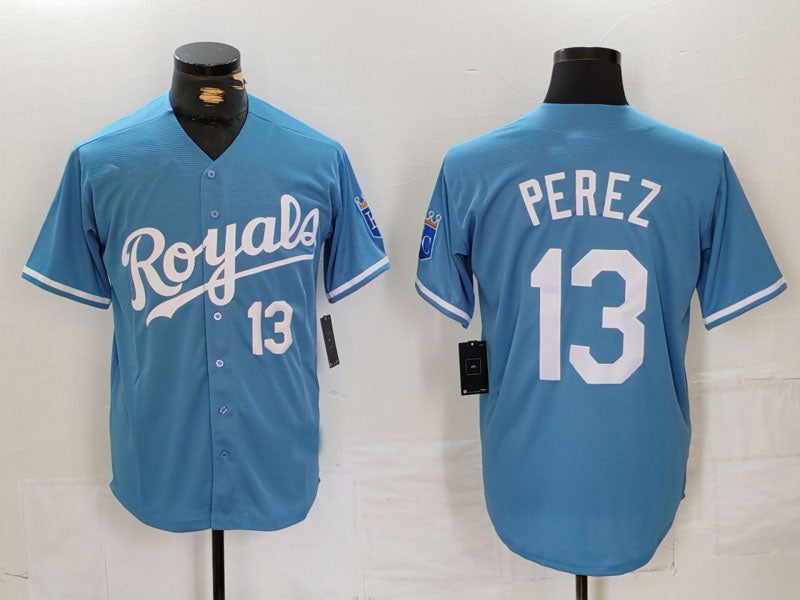 Kansas City Royals #13 Salvador Perez Number Light Blue Cool Base Stitched Baseball Jerseys