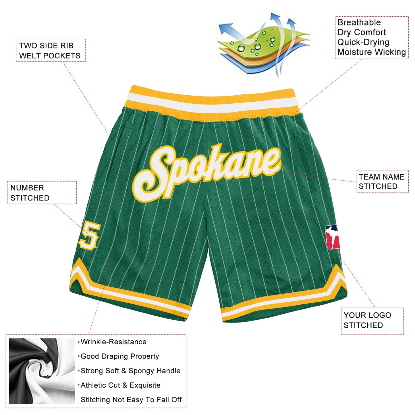 Custom Kelly Green White Pinstripe White-Gold Authentic Basketball Shorts