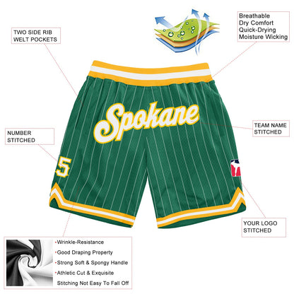 Custom Kelly Green White Pinstripe White-Gold Authentic Basketball Shorts