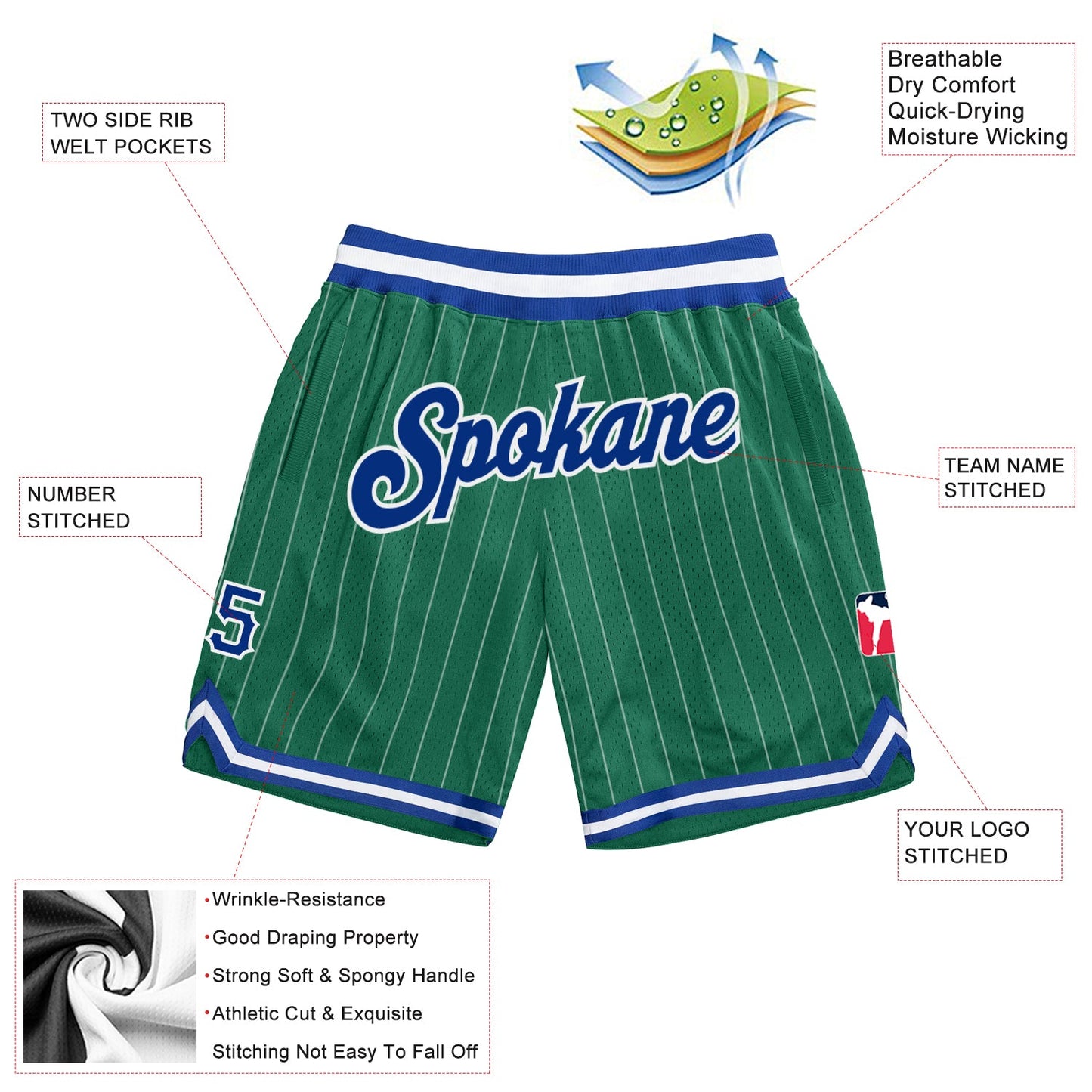 Custom Kelly Green White Pinstripe Royal-White Authentic Basketball Shorts