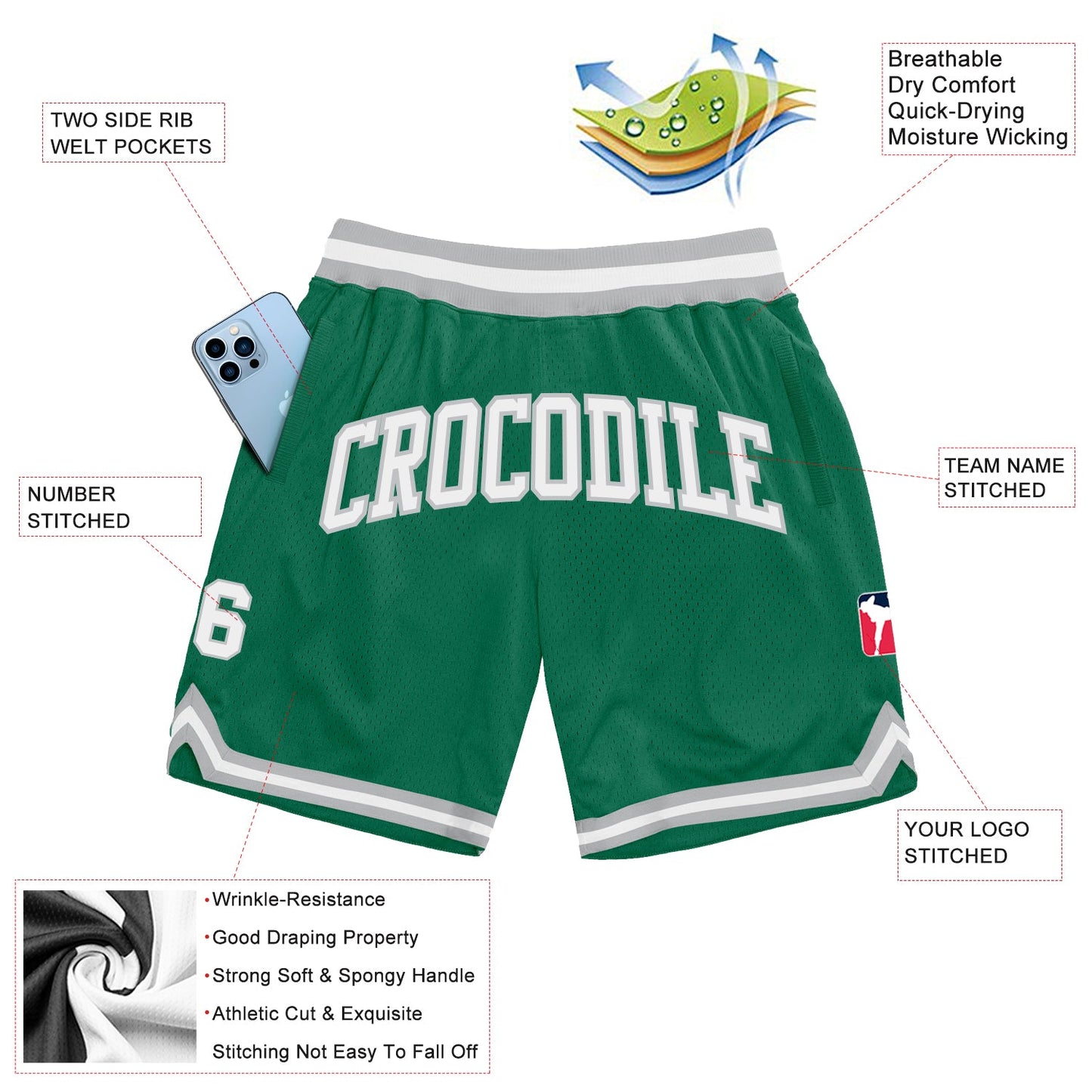 Custom Kelly Green White-Gray Authentic Throwback Basketball Shorts