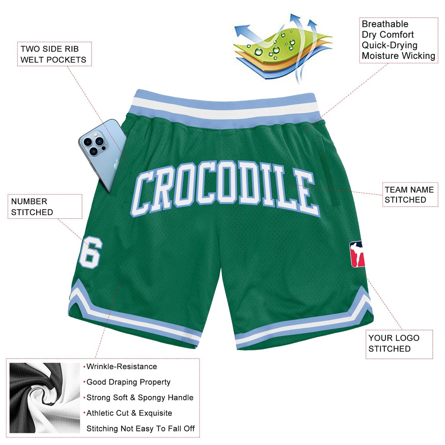 Custom Kelly Green White-Light Blue Authentic Throwback Basketball Shorts